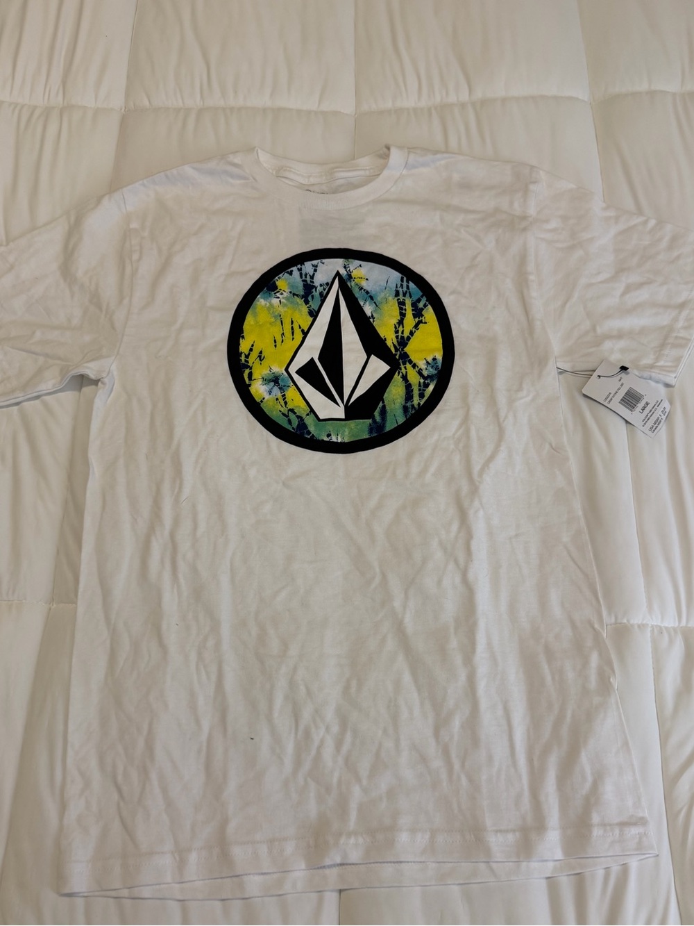 Volcom White Tee with Yellow & Blue Logo Circle
